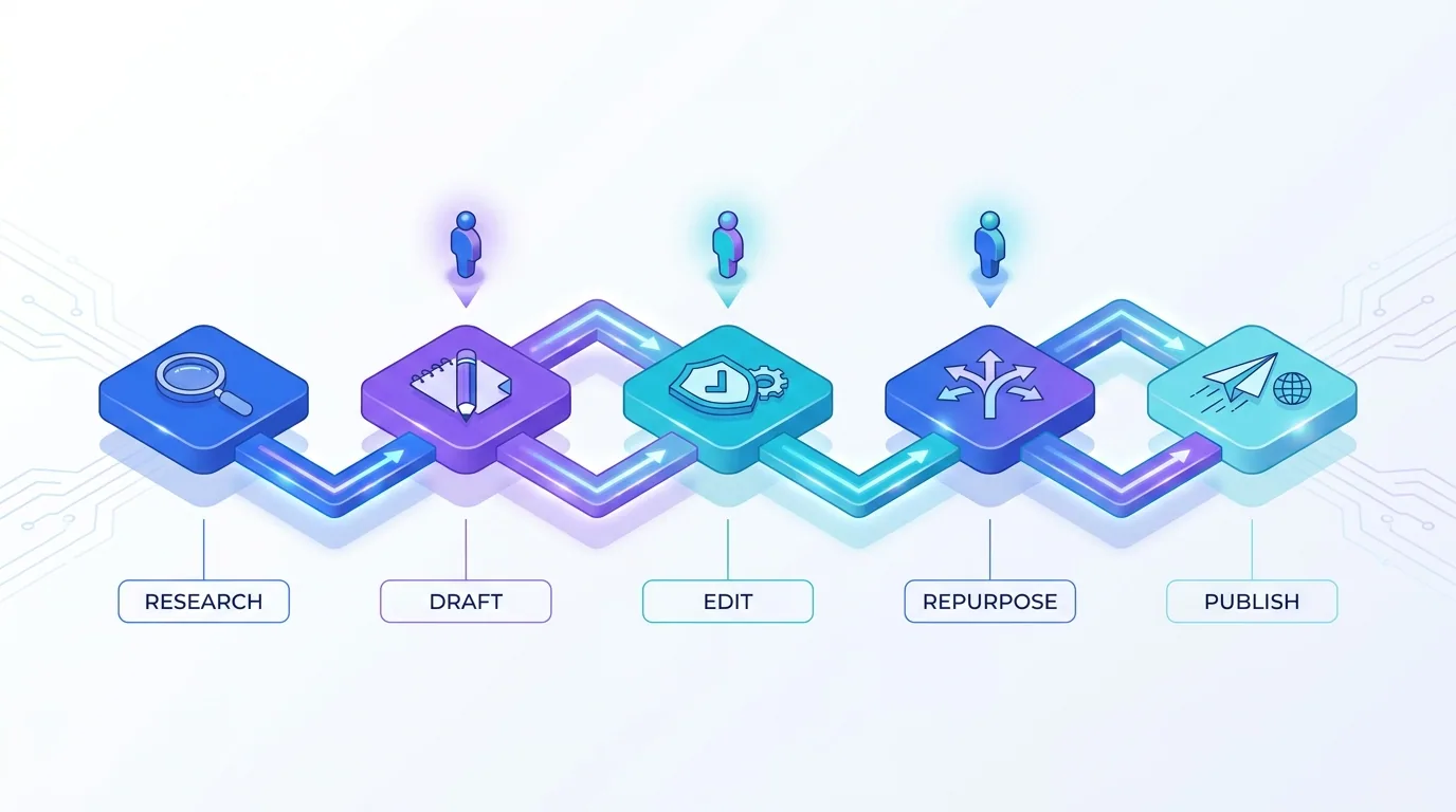 Diagram of a five-stage AI content workflow: research, draft, edit, repurpose, and publish, connected in sequence