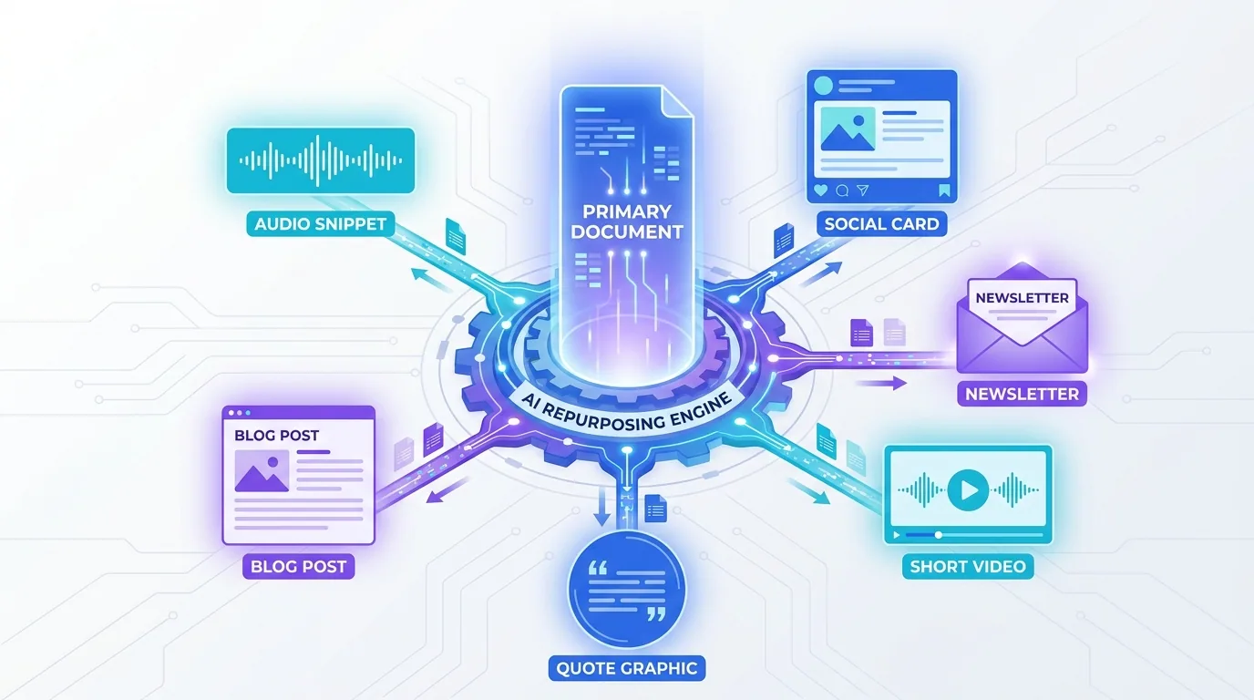 One pillar article branching automatically into social posts, an email, a video script, and quote graphics through an AI repurposing engine