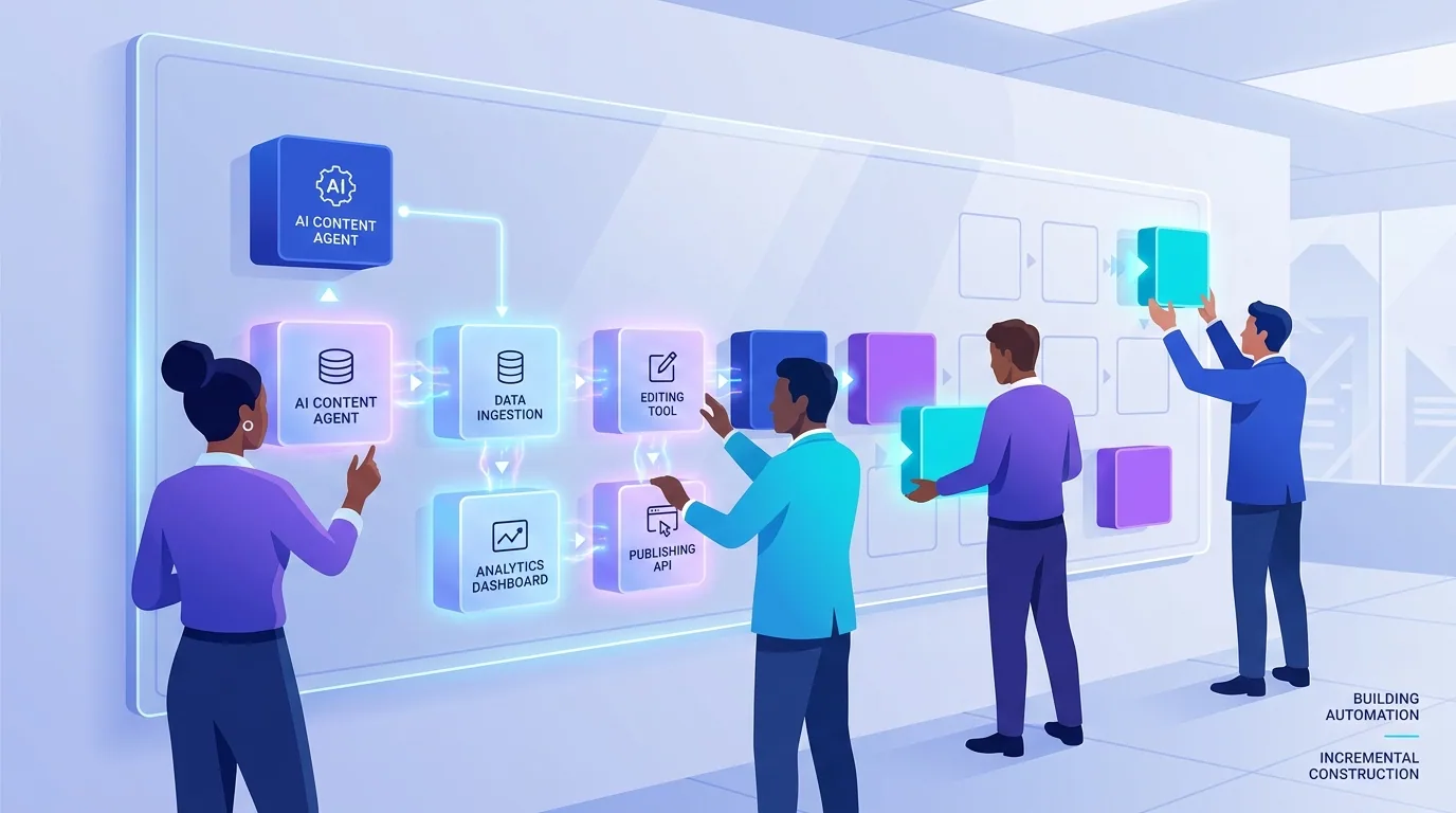 A team building an automated content pipeline stage by stage, connecting tools and AI agents into a single connected system