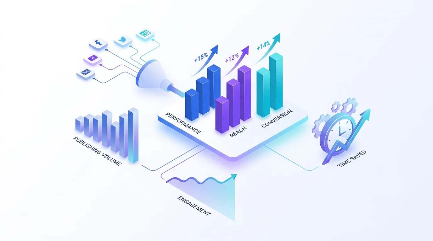 A content analytics dashboard showing rising output, steady engagement, and time saved by an AI content pipeline