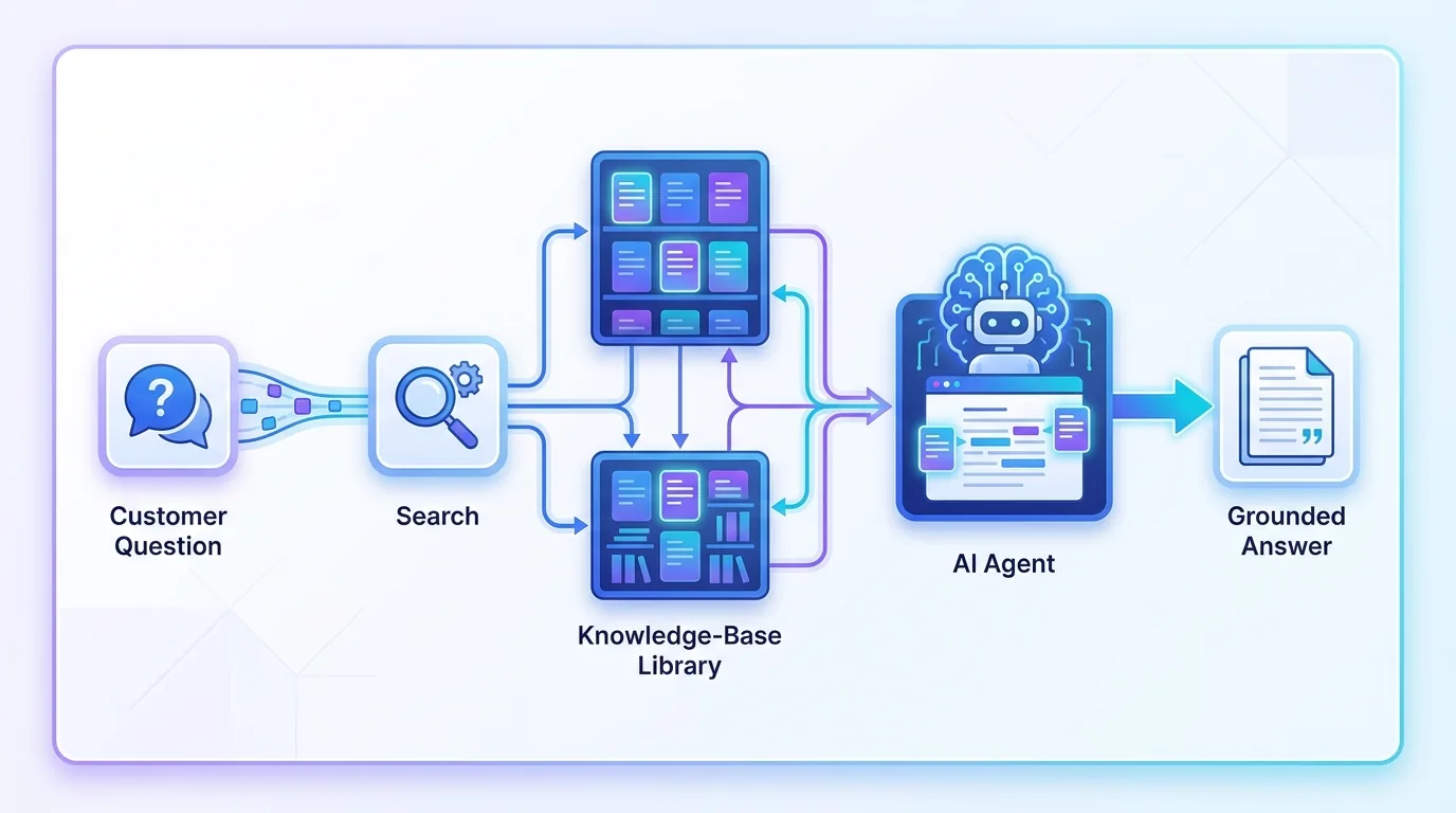 Diagram of a RAG pipeline retrieving relevant knowledge base passages and grounding the AI support agent's answer