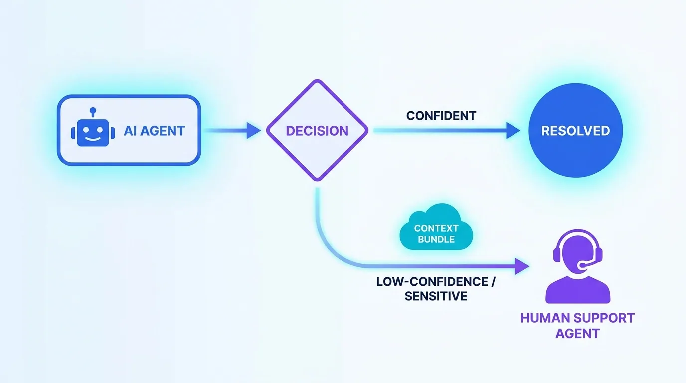 Escalation flow showing an AI support agent handing a conversation with full context to a human agent