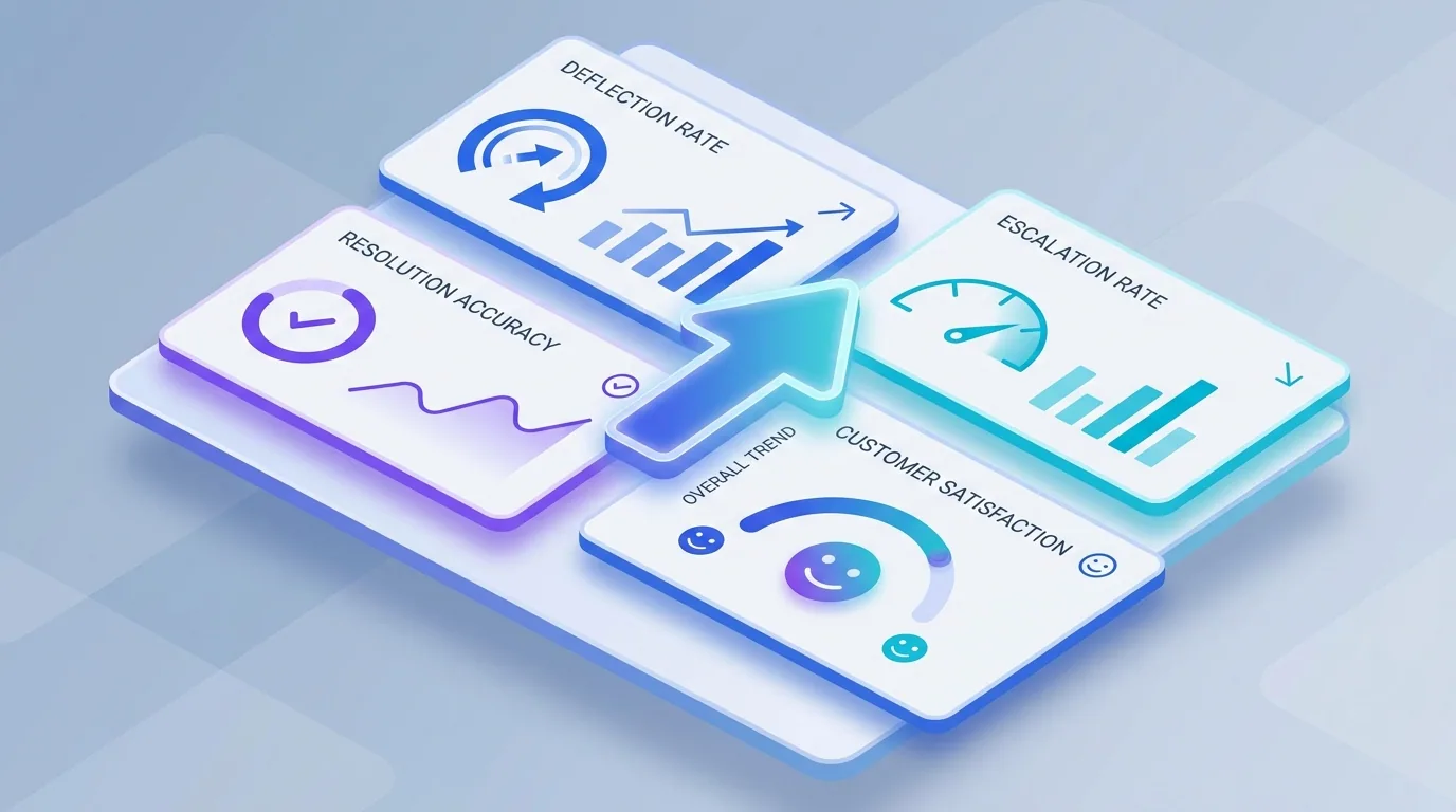 Support analytics dashboard showing deflection rate, resolution accuracy, escalation rate, and customer satisfaction