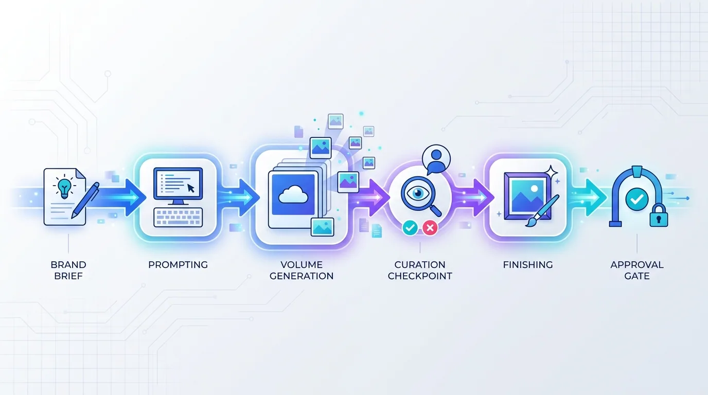Step-by-step AI image workflow from brand brief to prompting, generation, human curation, finishing, and approval