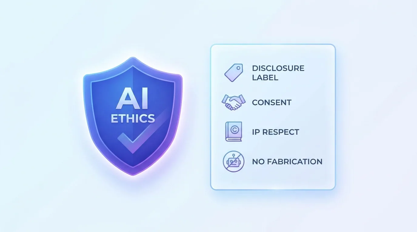 AI ethics checklist for marketing visuals covering disclosure, consent, IP respect, and no fabricated evidence