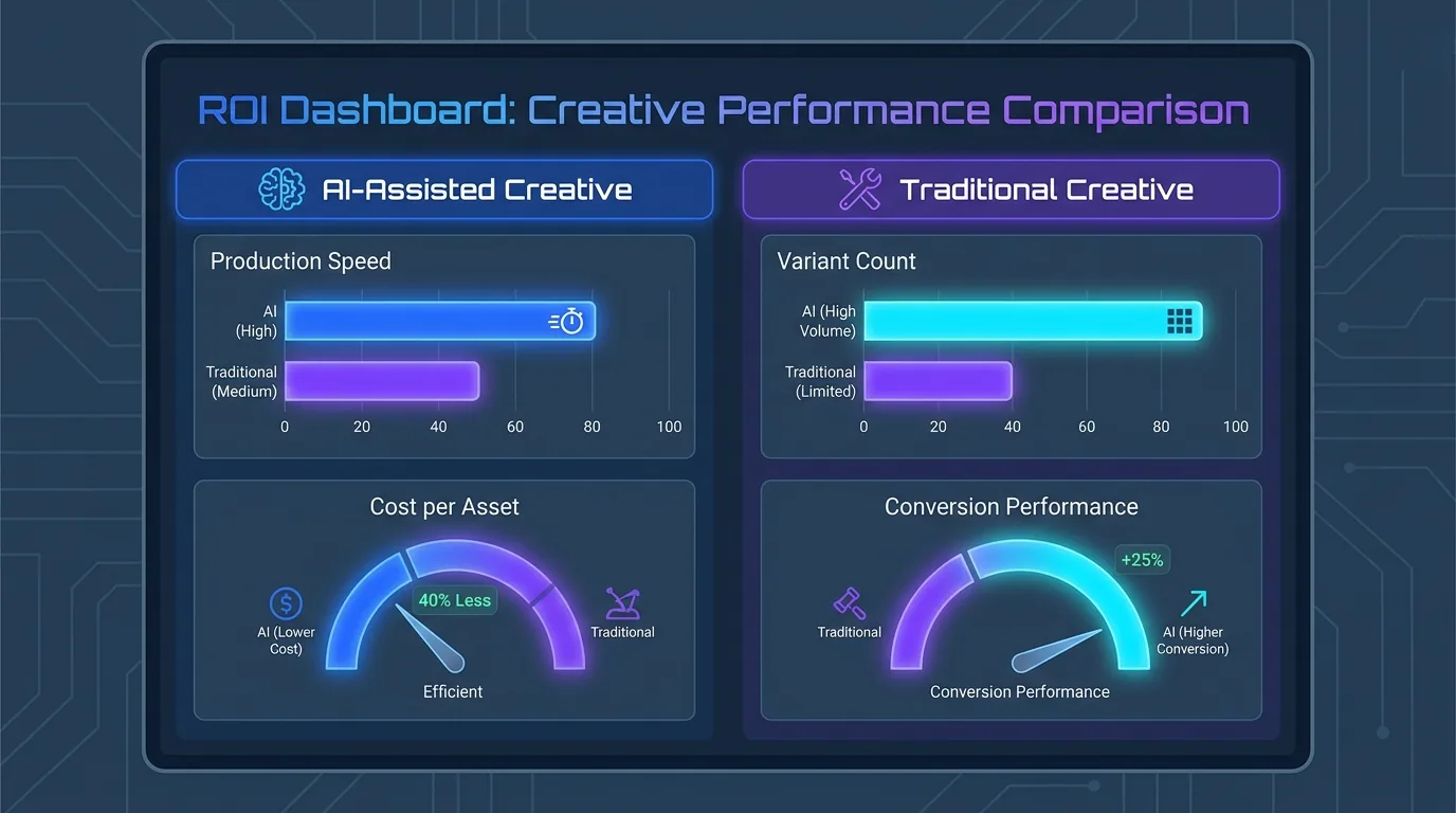 Dashboard comparing AI-assisted creative ROI on production speed, cost per asset, and conversion performance