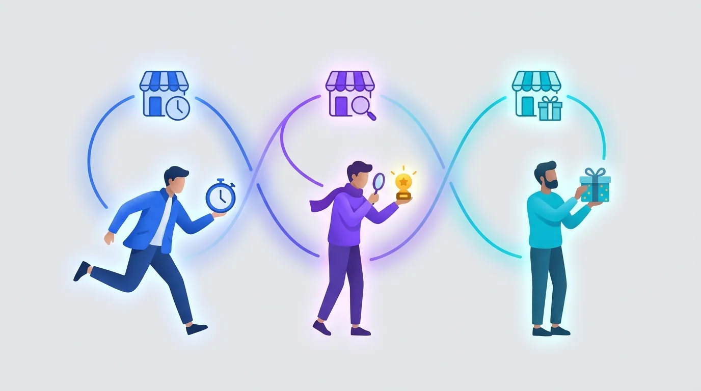 Three distinct shopper personas connected to Amazon, eBay, and Etsy storefronts showing audience intent differences