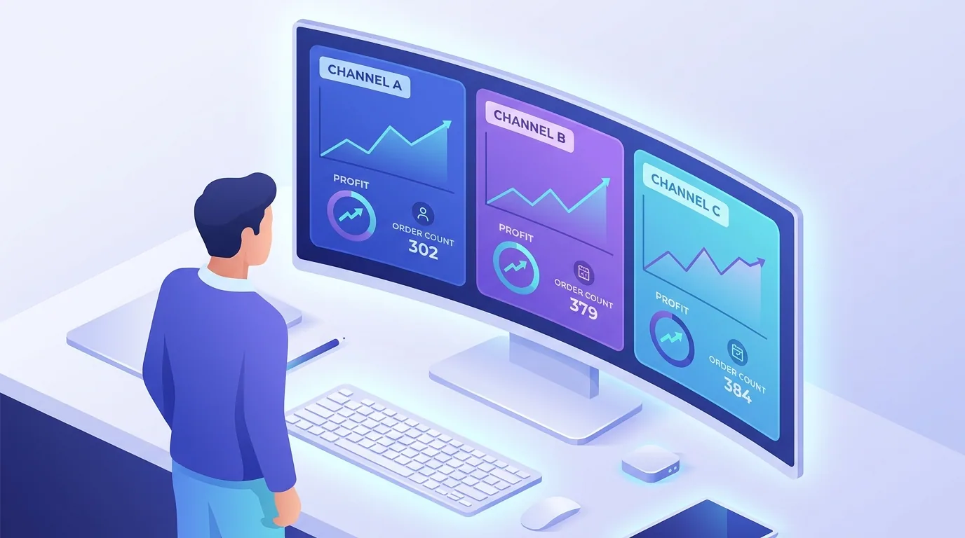 Seller reviewing a unified marketplace performance dashboard tracking sales across Amazon, eBay, and Etsy