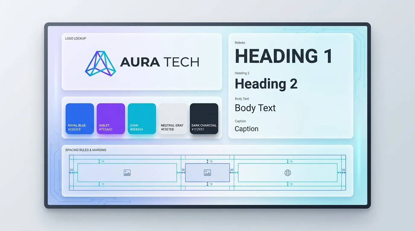 An open brand style guide board showing logo, color palette, typography, and visual identity rules, representing how to create a brand style guide in 2026