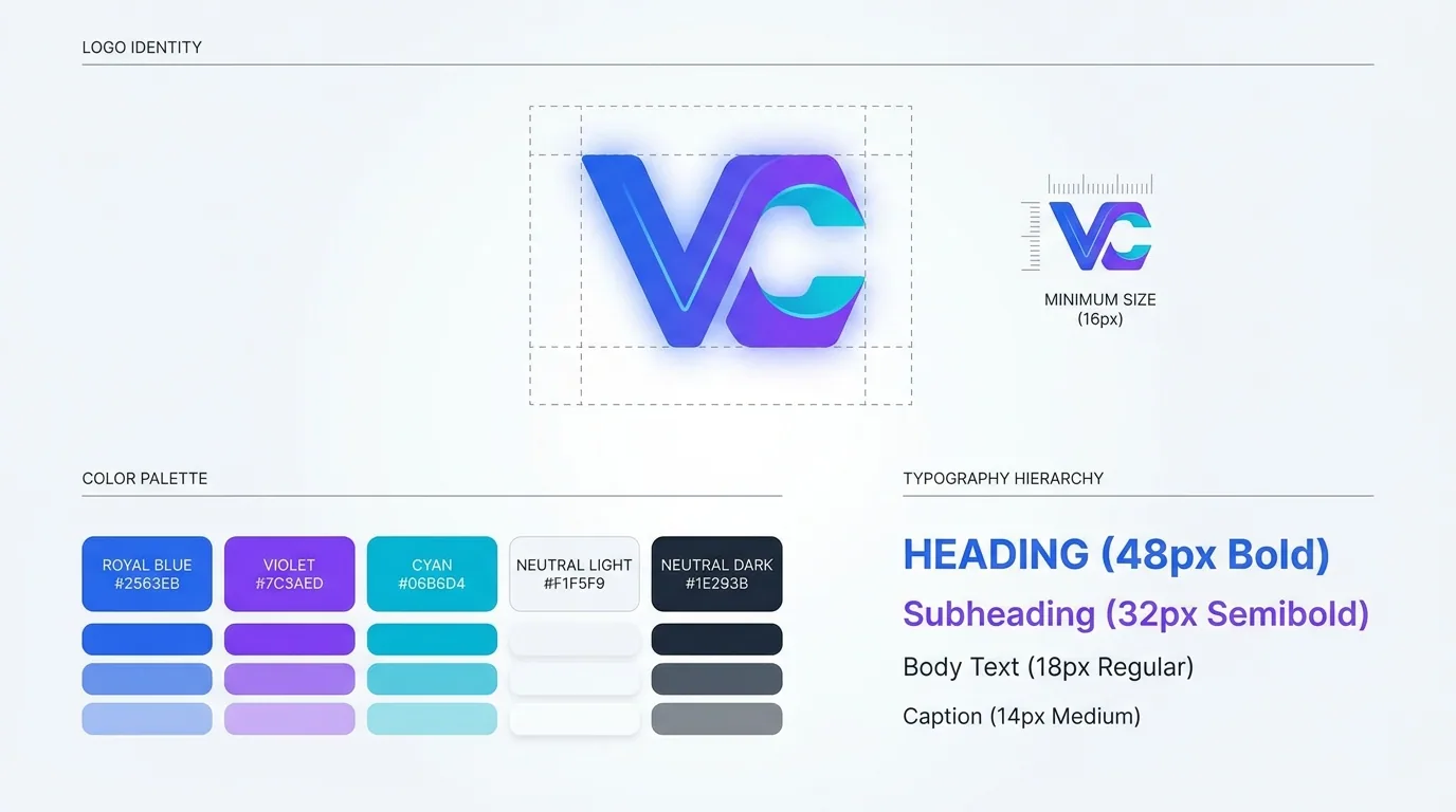 Logo usage rules, a color palette with HEX values, and a typography hierarchy shown together as the visual core of a brand guide