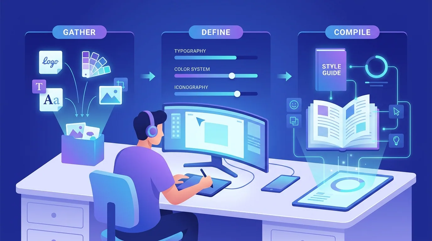 A designer building a brand style guide step by step, auditing assets, defining rules, and assembling them into one document
