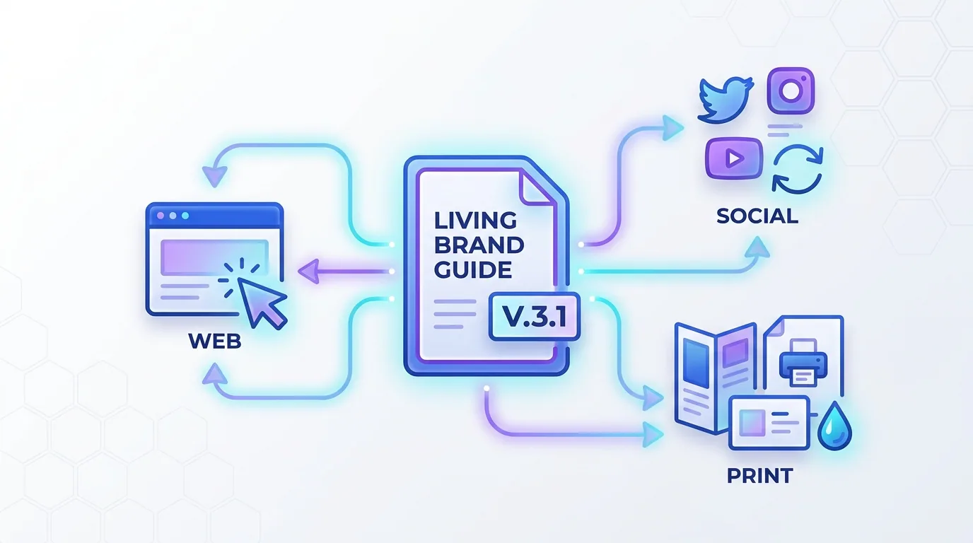A brand style guide shown as a living, versioned document being kept up to date across new channels and assets
