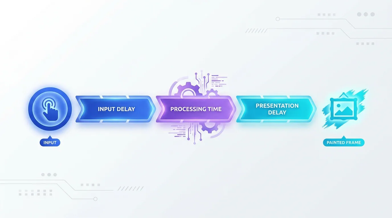 Diagram breaking down Interaction to Next Paint into input delay, processing time, and presentation delay phases
