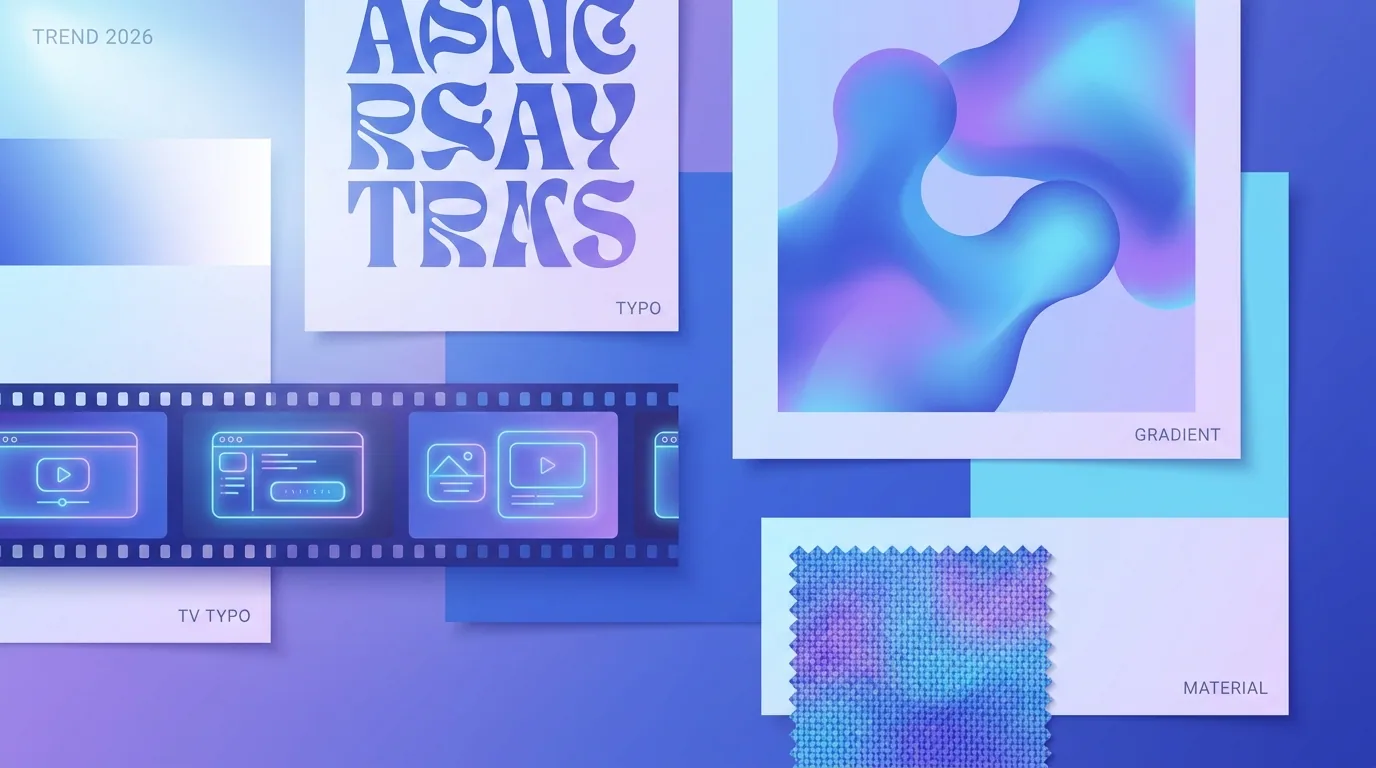 Creative mood board of 2026 graphic design trends with bold type, gradient meshes, and motion frames arranged on a studio wall