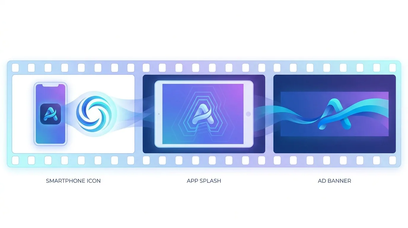 Animated logo system shown as a sequence of motion frames morphing across a phone, app screen, and ad banner