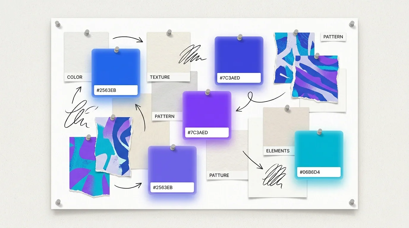 Tactile maximalist brand style board mixing paper grain, collage, hand-drawn marks, and dimensional color swatches