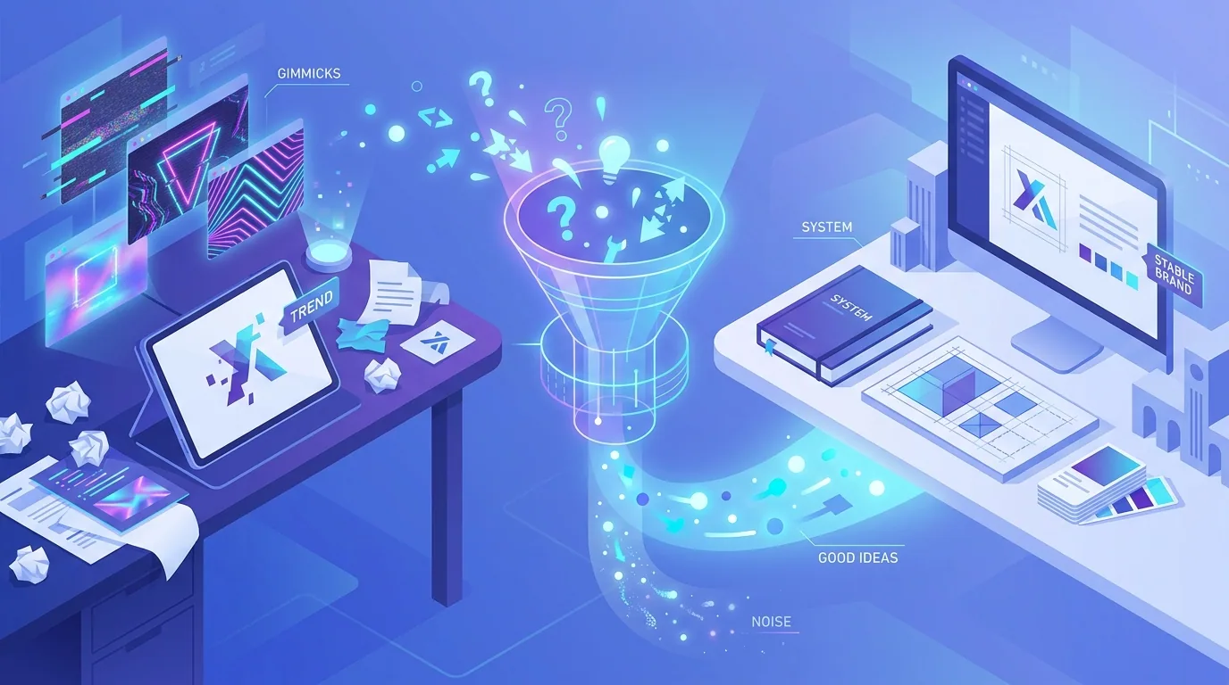 Designer comparing trendy short-lived design effects against a stable long-term brand system on a desk