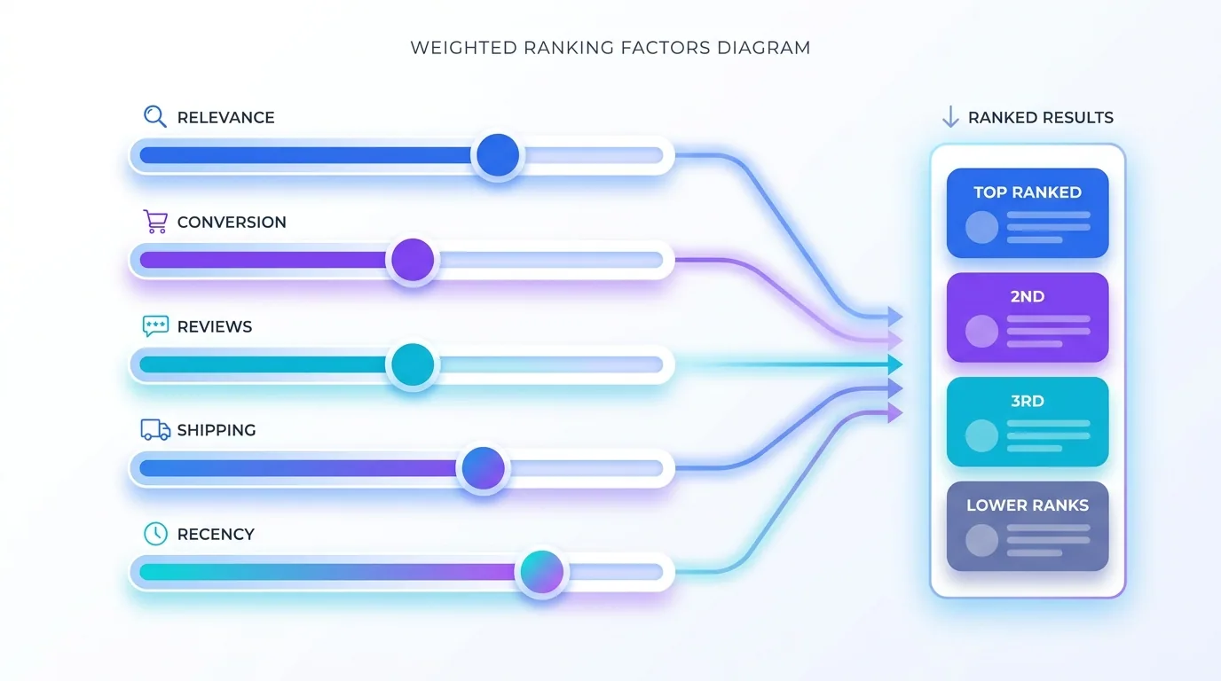 Diagram of Etsy ranking factors with weighted sliders for relevance, conversion rate, recency, and customer experience