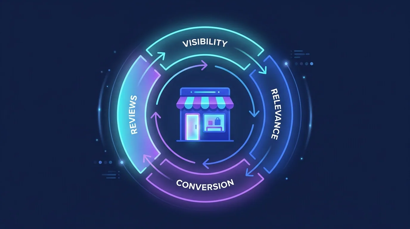 Etsy ranking flywheel connecting relevance, conversion, reviews, and visibility in a continuous loop