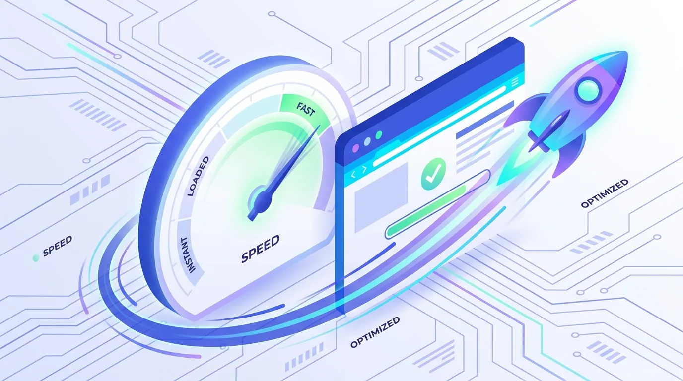 Website speed gauge accelerating into the green with a rocket and fast-loading browser window representing faster load times in 2026