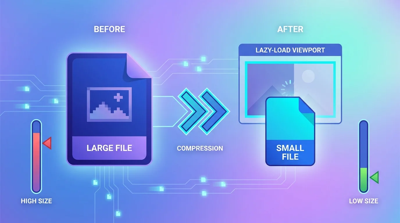 Image optimisation before and after showing a large heavy file compressed into a small modern-format file