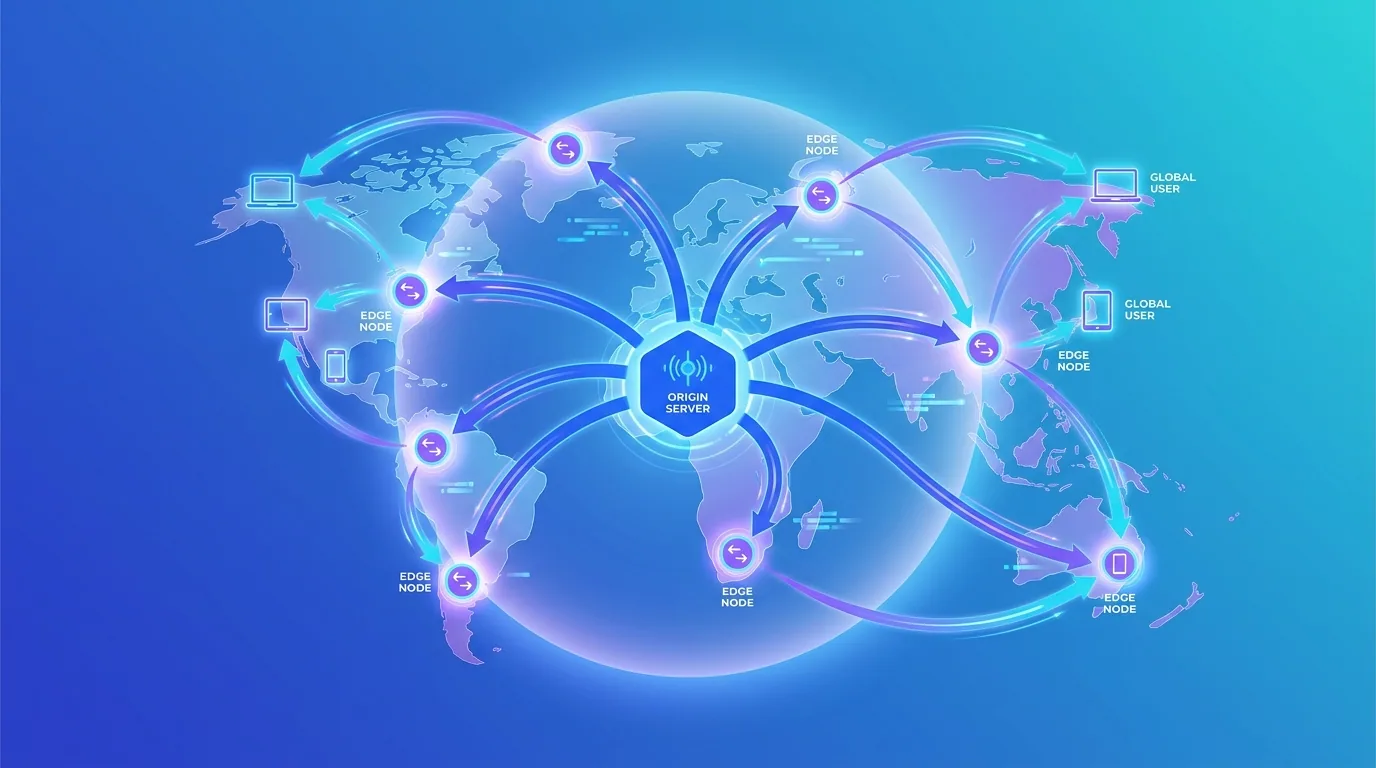 Global CDN diagram delivering cached website content from edge servers close to users worldwide