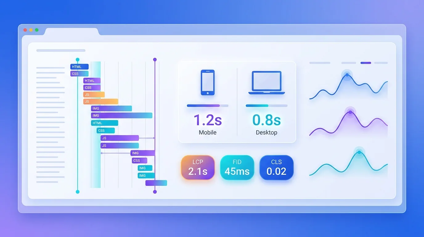 Website speed testing dashboard comparing mobile and desktop load times with a waterfall of resources