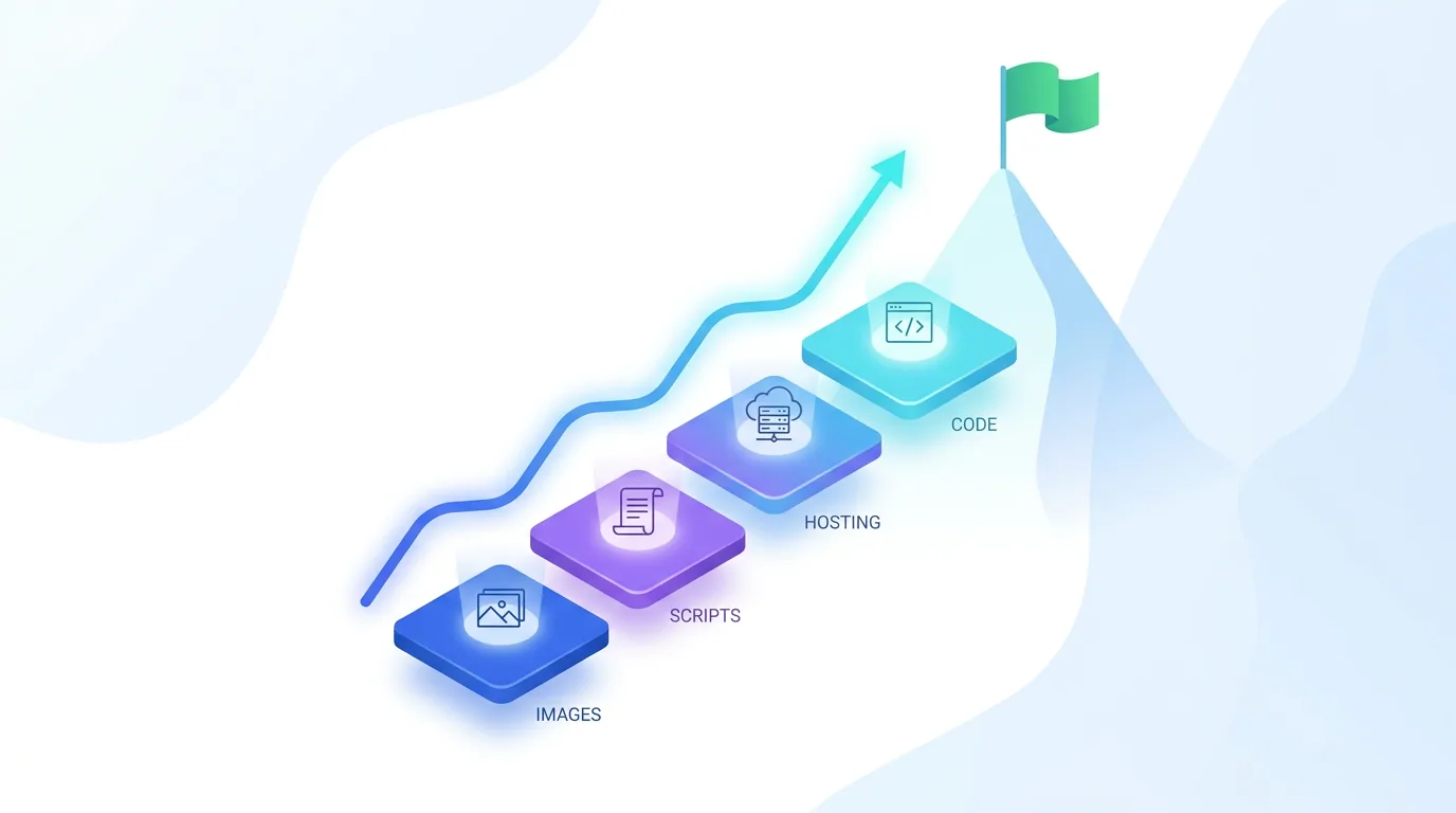 Prioritised website speed roadmap moving from images to scripts to hosting to code with rising performance