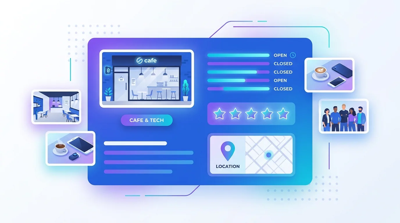 An optimised Google Business Profile card showing categories, hours, photos, reviews, and a map location