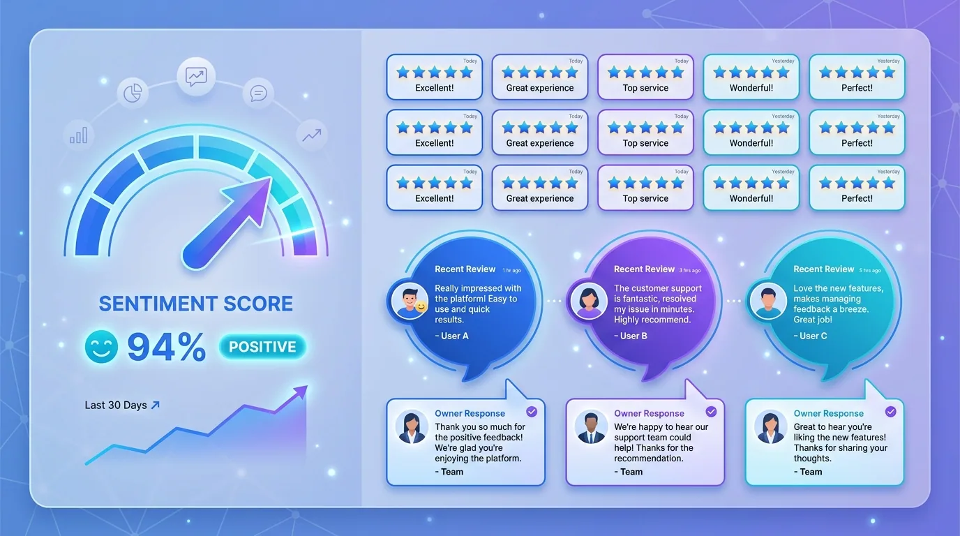 A review hub showing five-star ratings, recent customer reviews, and business owner responses