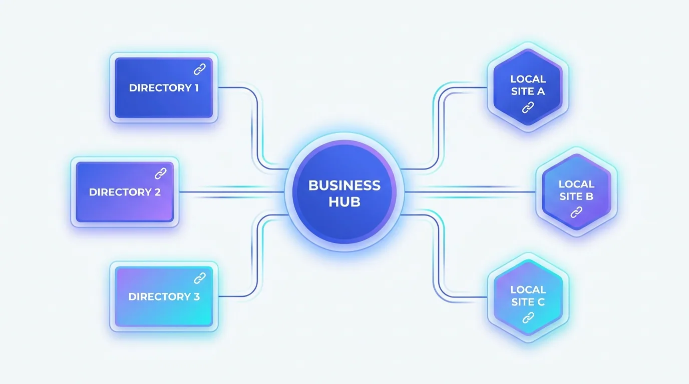 A network of consistent business citations and local backlinks connecting directories to a central business profile