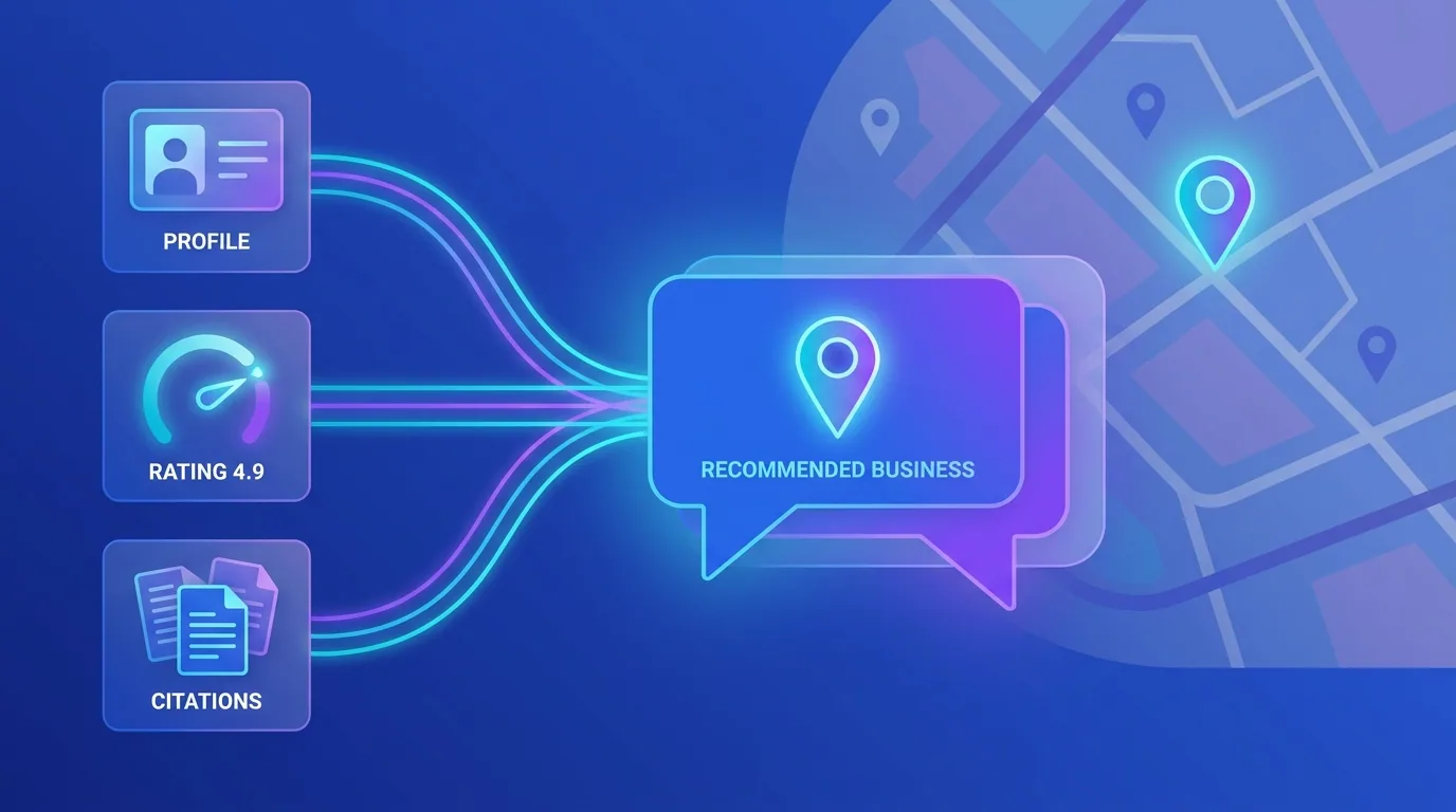An AI assistant recommending a top local business by name, drawing on profile, review, and citation signals