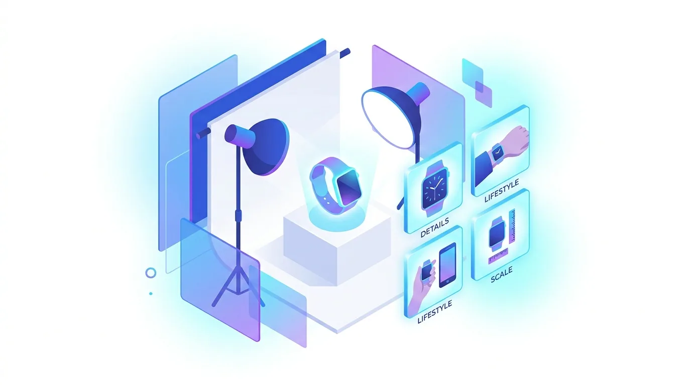Ecommerce product photography studio concept with a product on a white background, lighting, and a listing image gallery in 2026