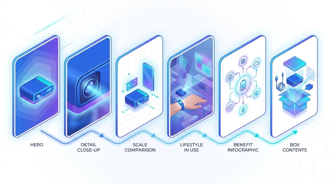 Gallery of six listing photo types: hero, detail, scale, lifestyle, infographic, and what's-included