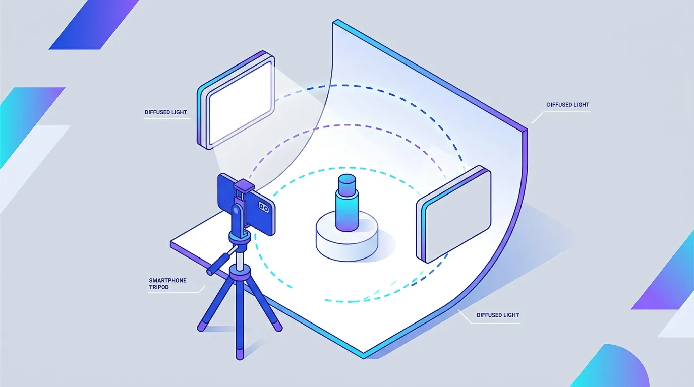Simple product photography setup with a smartphone on a tripod, softbox lighting, and a white sweep backdrop