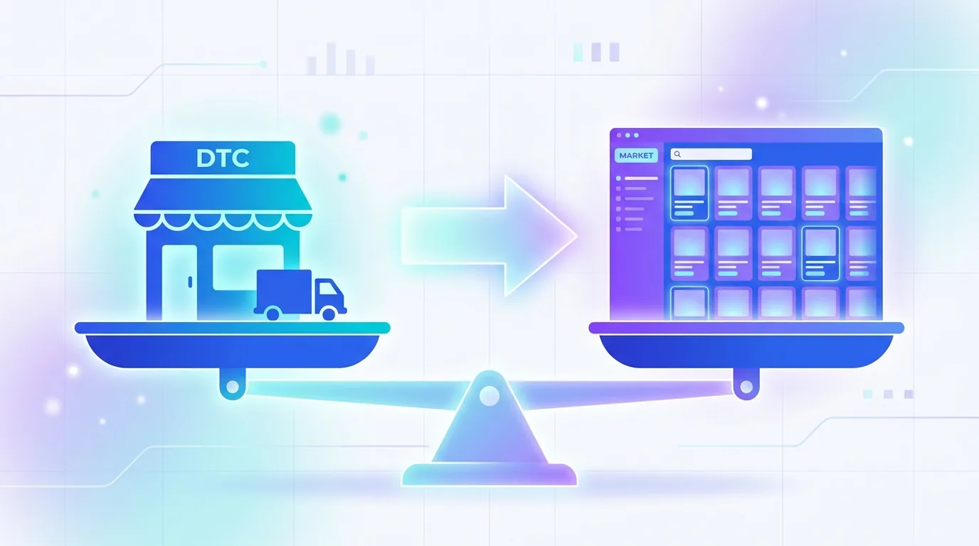 Shopify vs Amazon comparison concept showing a branded storefront on one side and a vast marketplace on the other, balanced on a scale in 2026