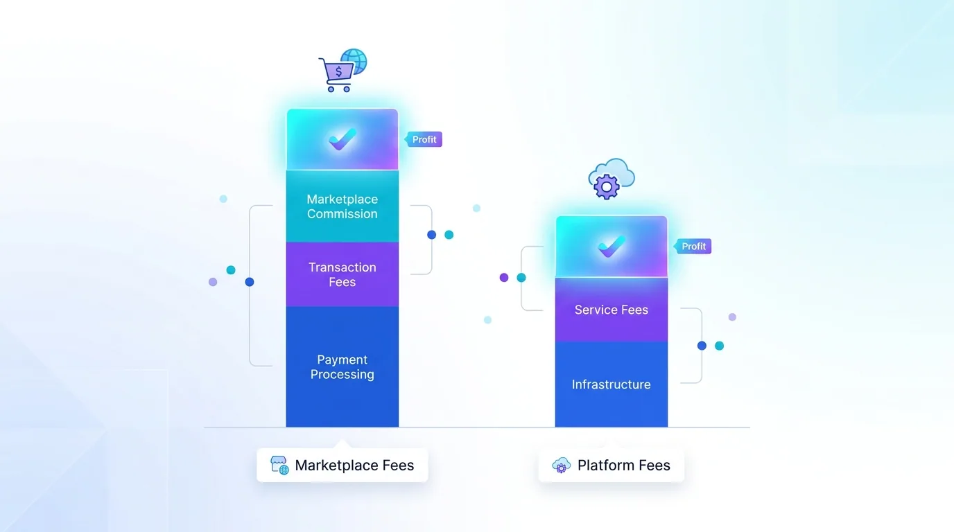 Side-by-side profit breakdown comparing Amazon referral and fulfilment fees against Shopify subscription and processing fees