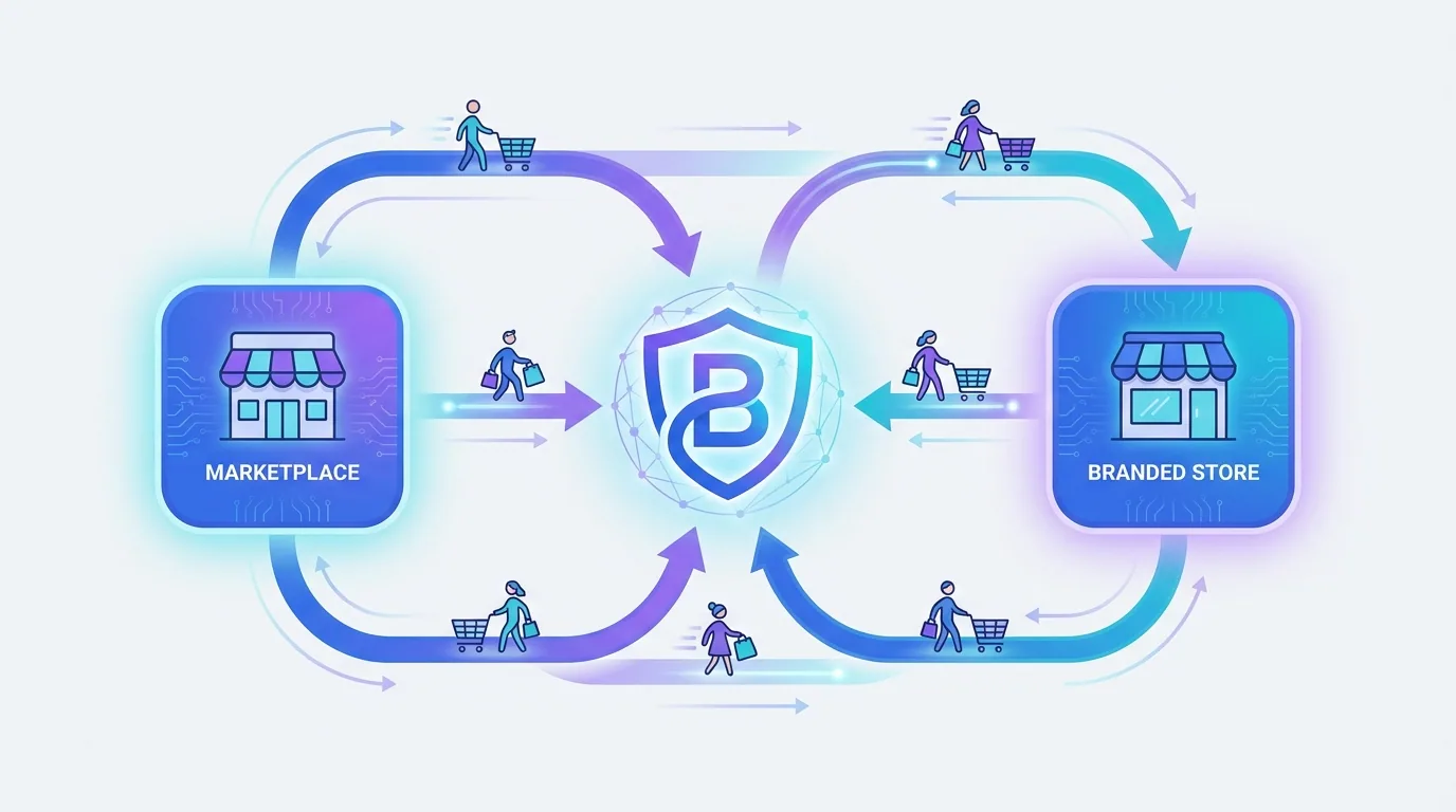 Omnichannel ecommerce diagram showing customers flowing between Amazon discovery and a Shopify brand store