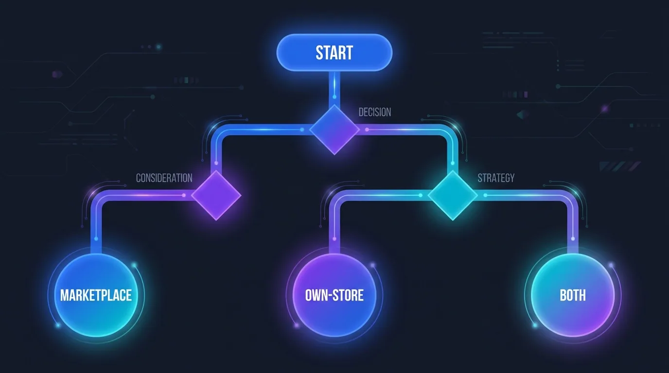 Decision flowchart guiding a seller toward Amazon, Shopify, or both based on product type and goals