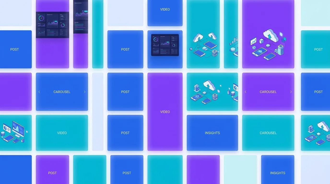 Grid of consistent on-brand social posts using the same color system, type, and layout across multiple formats
