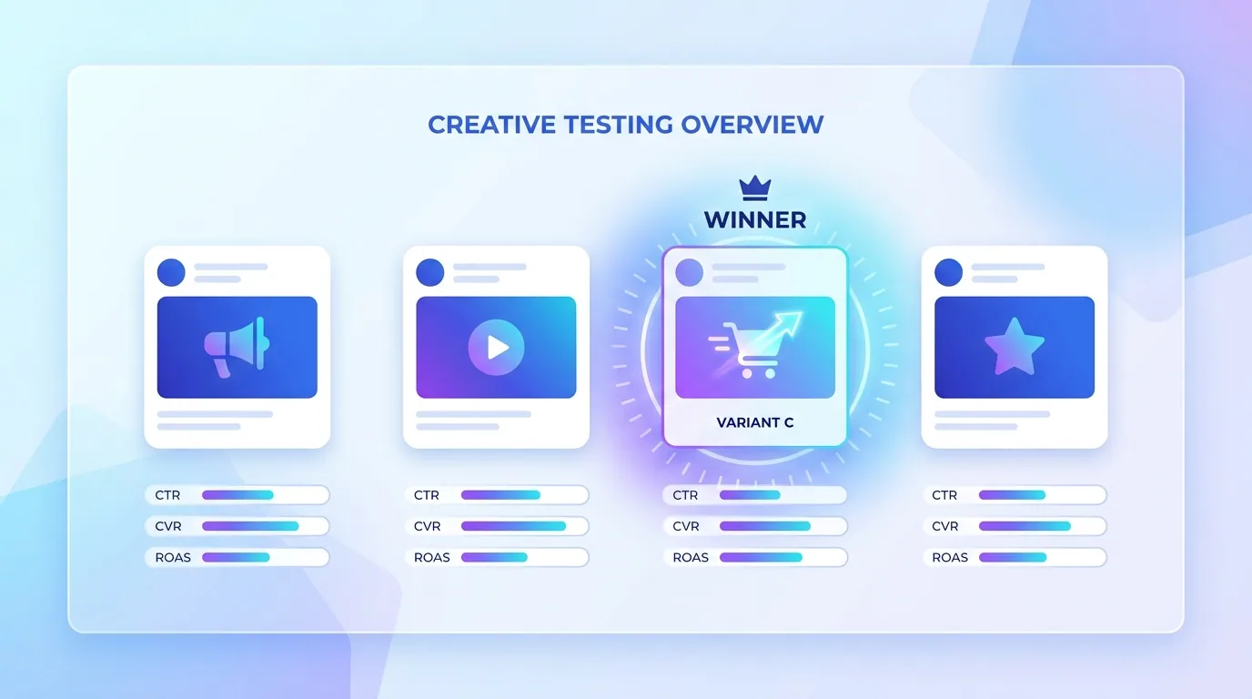 Set of A/B test social ad creative variants with performance bars comparing engagement results