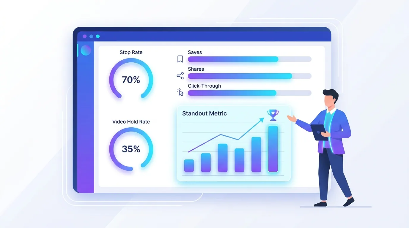 Social media creative analytics dashboard showing stop rate, hold rate, saves, shares, and click-through metrics