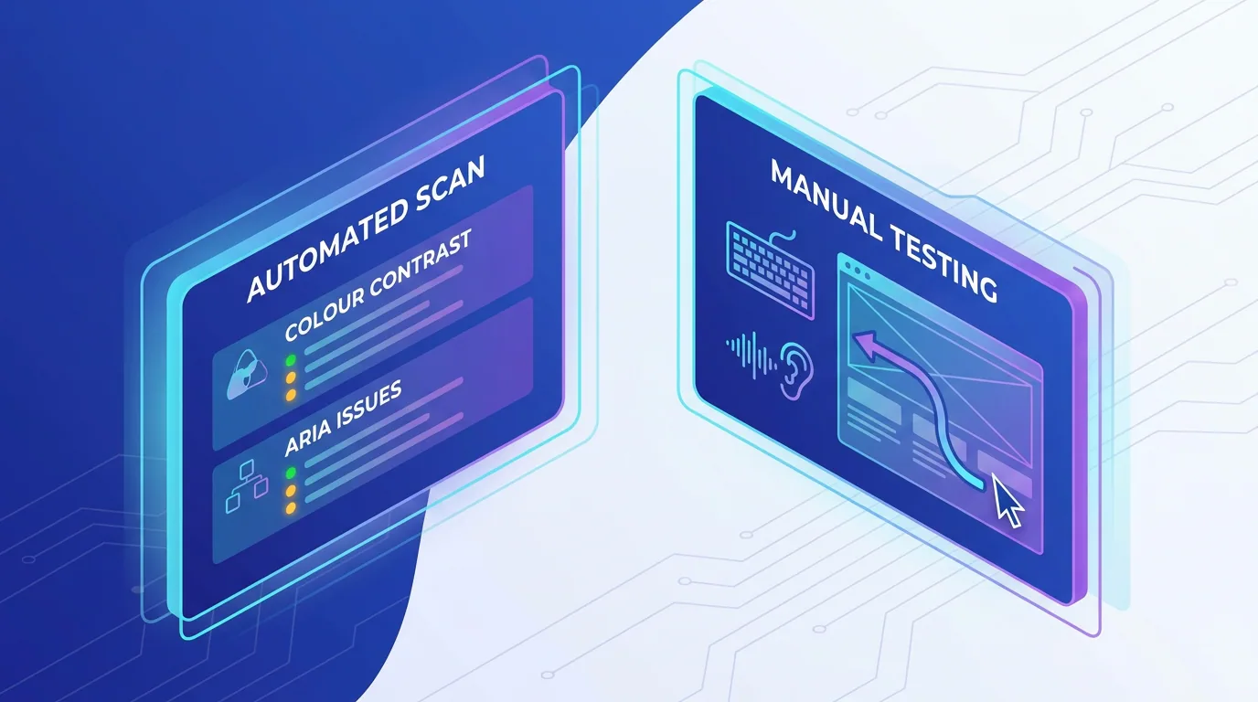 Accessibility testing dashboard combining automated scanner results with manual keyboard and screen reader checks