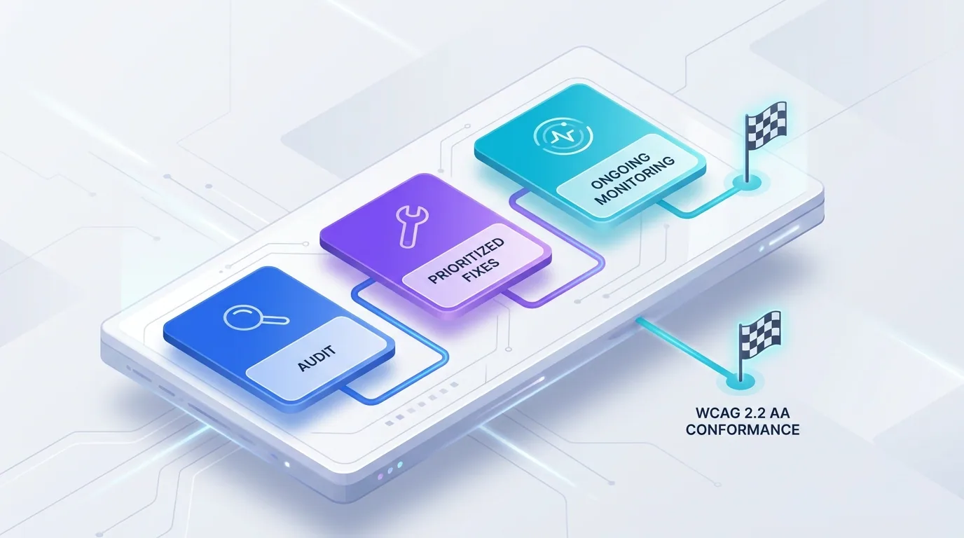 Accessibility roadmap board showing audit, prioritised fixes, and ongoing monitoring stages toward WCAG 2.2 AA