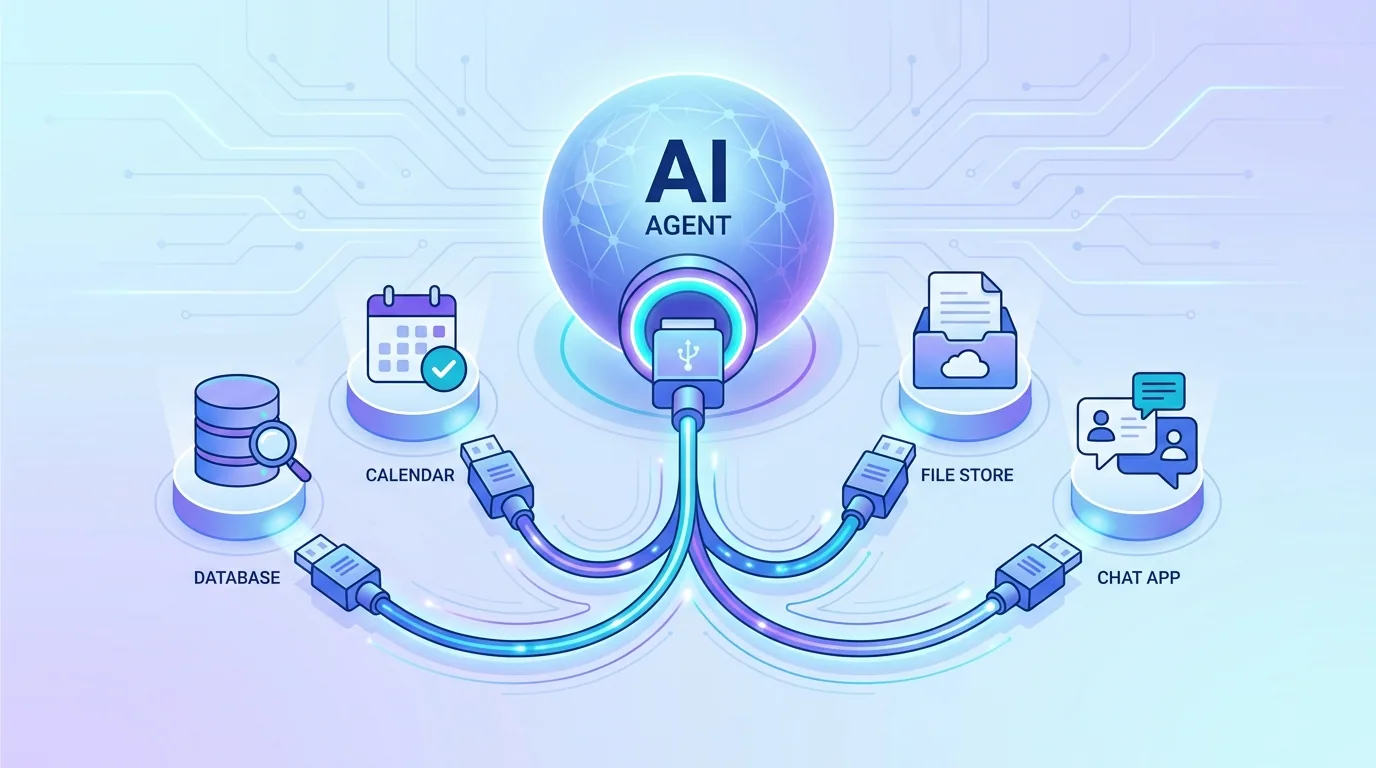 The Model Context Protocol shown as a universal connector linking an AI agent to many tools and data sources in 2026