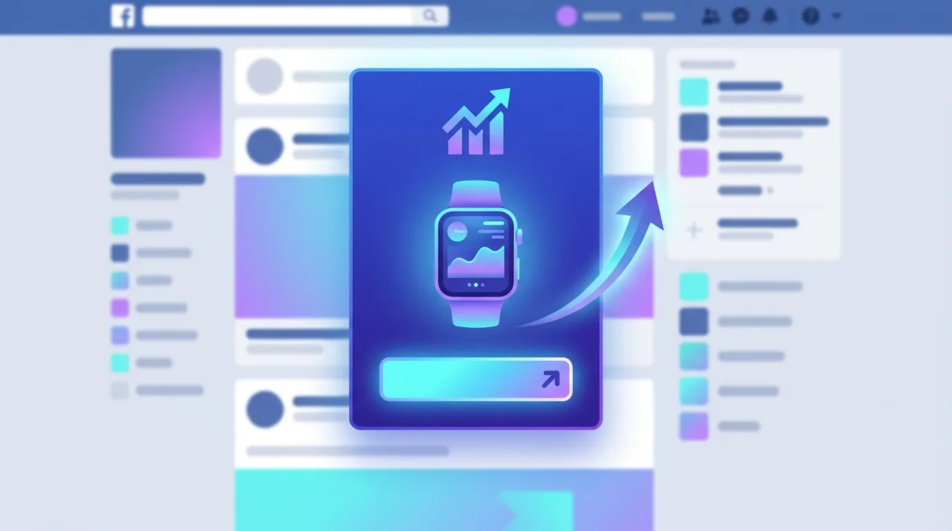 High-converting ad creative card with a strong hook, clear benefit, and bold call-to-action button glowing on a feed
