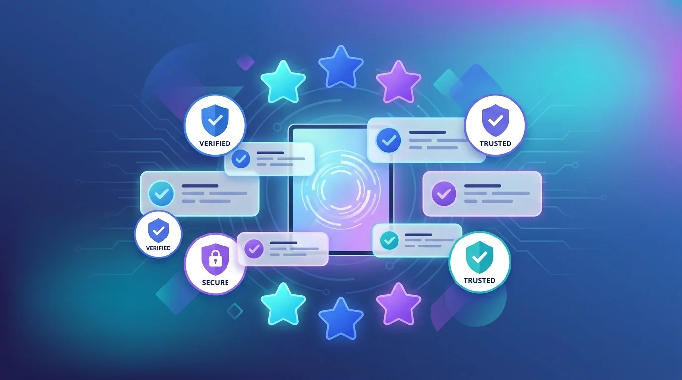 Ad creative with embedded social proof including star ratings, review snippets, and trust badges around a product