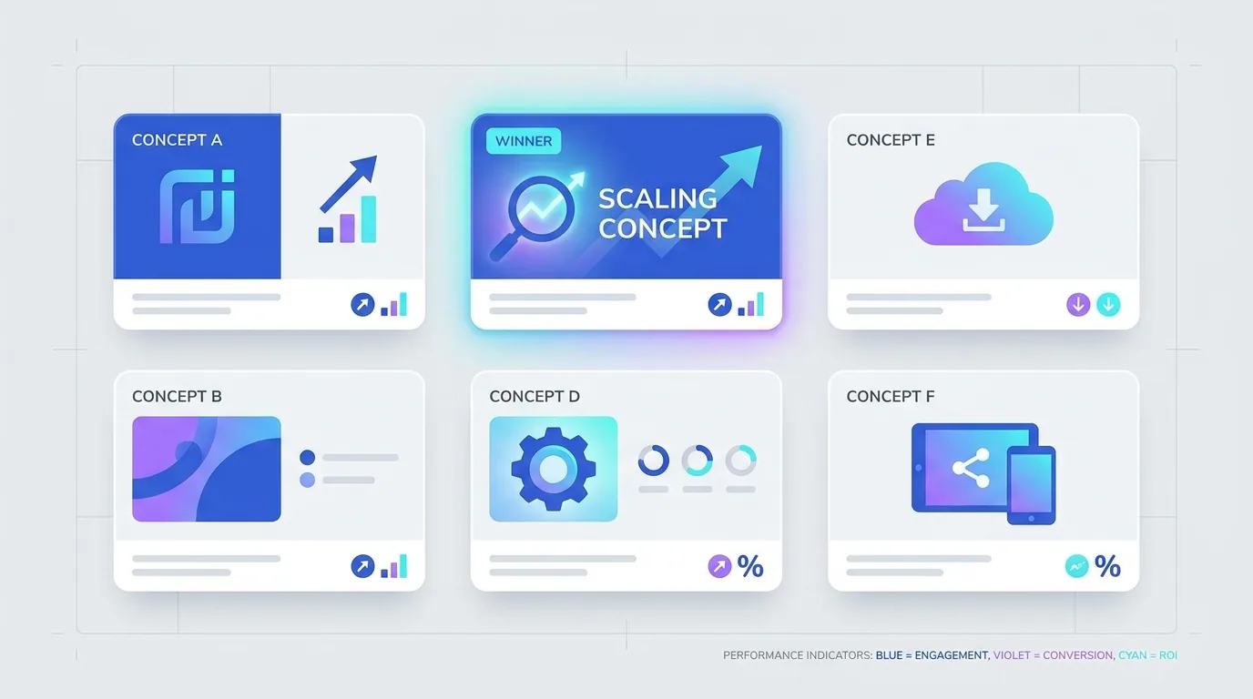Portfolio of varied ad creative concepts being tested with performance metrics and a winning variant highlighted
