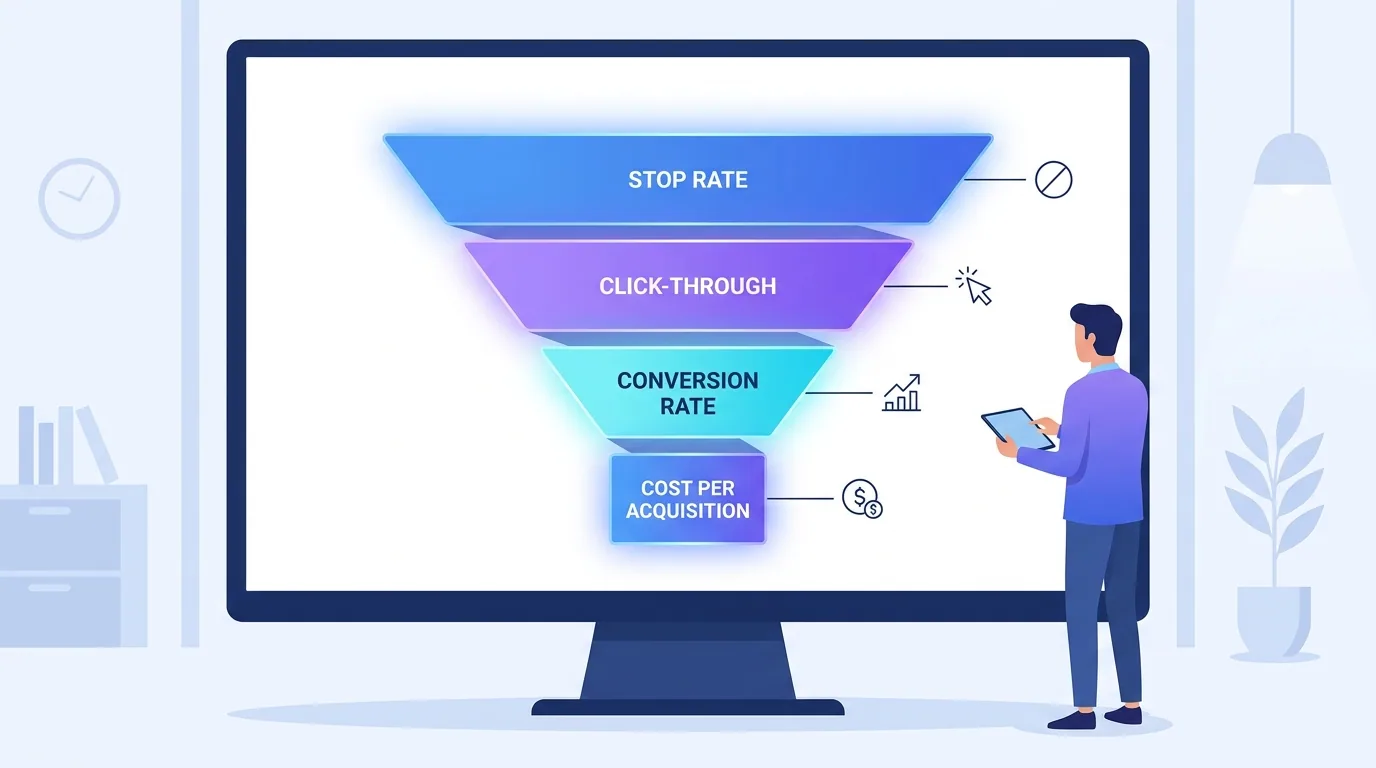 Ad performance funnel dashboard showing stop rate, click-through, conversion rate, and cost per acquisition