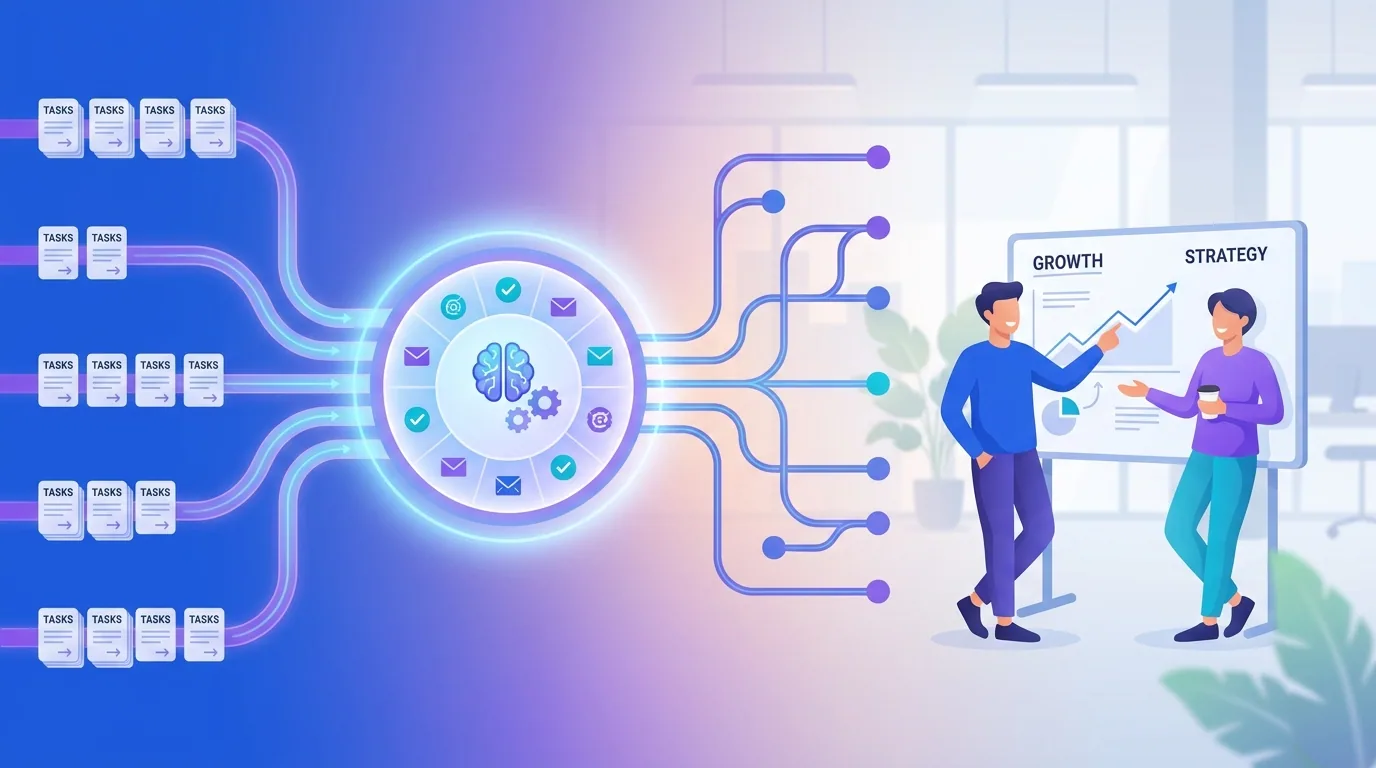 A small business owner's tasks flowing into a glowing AI automation hub that handles them in 2026